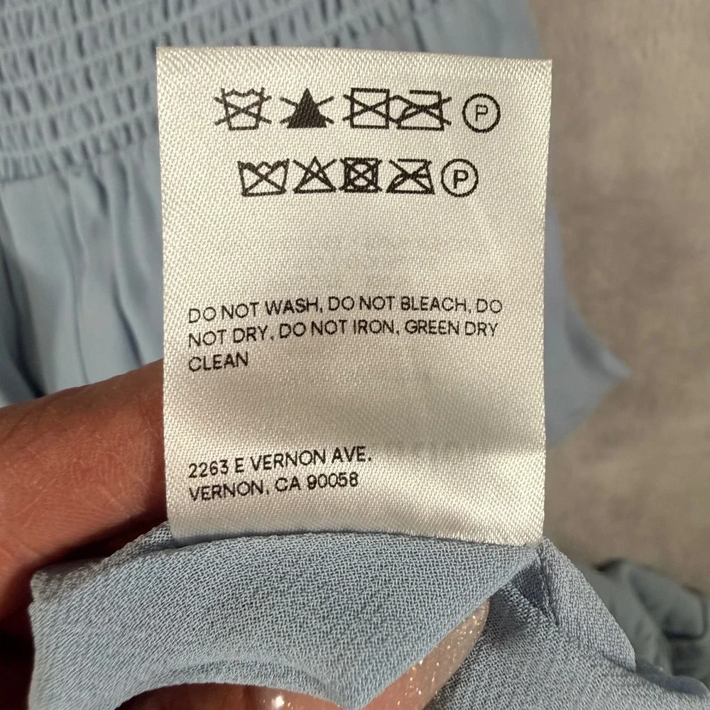 Reformation Light Blue Smocked Puff Sleeve Midi Dress Ruffle Hem Slit Small - Picture 7 of 8